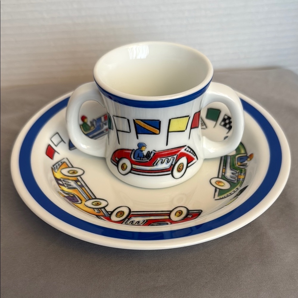 Tiffany & Co Race Cars Double Handle Cup & Plate 2Pc Gift White Multicolor Japan